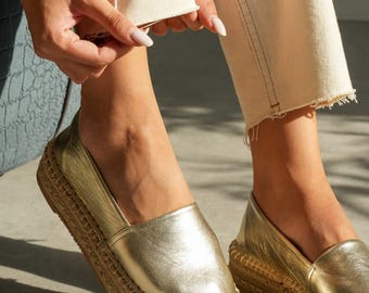 Handgefertigte Leder Espadrilles, Leichte Plateau Sommerschuhe, Bequeme Handwerker Schuhe für Damen, Moly Espadrille