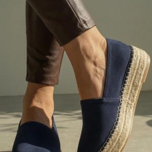 Handmade Leather Espadrilles, Navy Platform Shoes, Artisan Jute Wrap