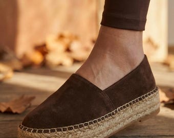 Handgemaakte bruine leren espadrilles, lichtgewicht jute plateauschoenen