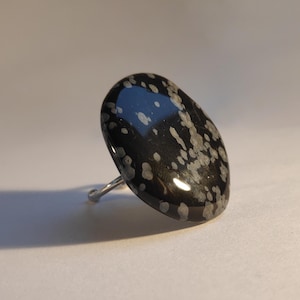 Puede incluir: Un anillo de obsidiana copo de nieve negro y blanco. La piedra ovalada está engastada en una banda plateada. La piedra tiene un acabado brillante y un patrón de manchas blancas.