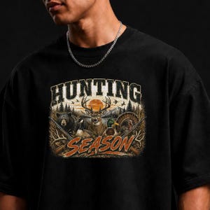 Jagdsaison-PNG, Grafik mit Hirsch, Ente, Truthahn und Bär für Jäger, rustikales Vintage-T-Shirt-Design für Naturliebhaber, digitaler Download
