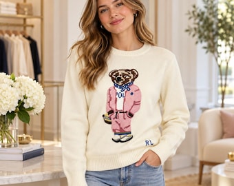 Embroidered Bear Knit Sweater Ralp Lauren, Cozy Fall Crewneck Top, Vintage Preppy Clothes, Warm Aesthetic Jumper
