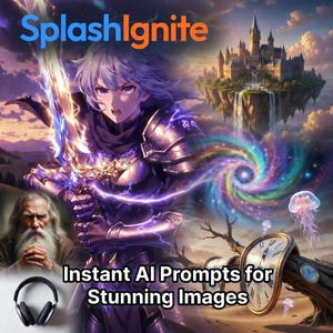 May include: Digital art featuring a warrior with a glowing sword, a floating castle, and a swirling galaxy. The text "SplashIgnite" and "Instant AI Prompts for Stunning Images" are displayed. A wizard and headphones are also visible.