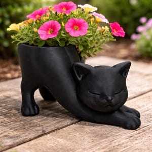 Stretching Cat Planter | Modern Minimalist Black Cat Decor, 3D Printed Succulent Pot