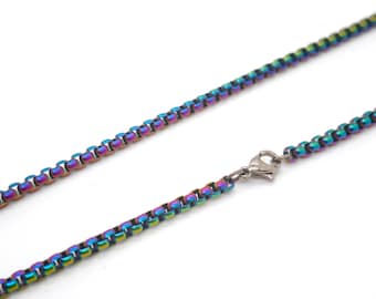 3 mm regenboogkleurige ketting van puur titanium, geanodiseerde iriserende ketting, hypoallergeen, lengte op maat