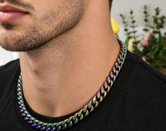 7 mm 10 mm Rainbow Pure Titanium Curb Chain Necklace, Anodized Colorful Link, Hypoallergenic Jewelry, Unisex Gift