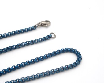 2.5 mm Blue Pure Titanium Box Chain Necklace, Anodized Titanium Square Link Chain, Custom Length, Unisex Gift
