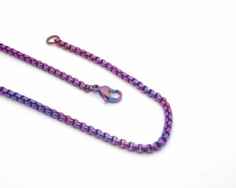 3mm Purple Iridescent Pure Titanium Box Chain Necklace, Anodized Titanium, Hypoallergenic, Custom Length, Unisex Gift