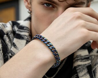 7 mm Rainbow Pure Titanium Curb Chain Bracelet, Anodized Colorful Chunky Link, Hypoallergenic Jewelry, Gift for Him or Her