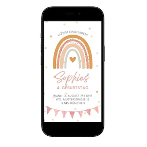 女の子の1歳、2歳、3歳、または4歳の誕生日パーティー用のデジタル招待状（画像なし）｜モダンでニュートラルなレインボーデザイン｜Canvaでカスタマイズ可能なテンプレート