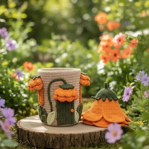 May include: A crocheted fairy house and matching hat in a garden setting. The beige house features orange flower accents, a green door, and leaf details. The hat is orange with a green top. The items are on a wooden slice.