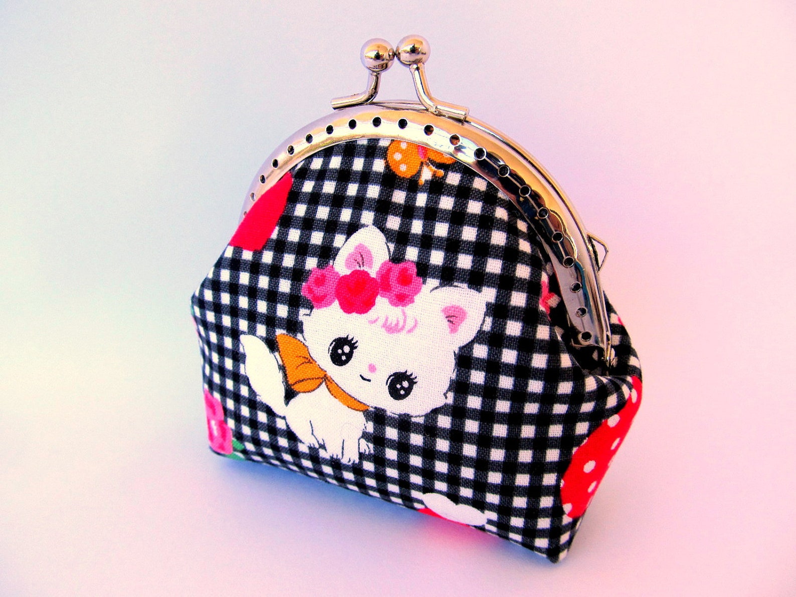 Coin Purse Kawaii Cat Black White Gingham Hot Pink Small Etsy