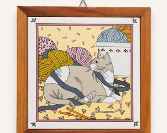 Vintage Silvestri Cat Tile Trivet | Ceramic Hot Plate Wall Hanging | Cute Cat Kitchen Decor | Made in Korea