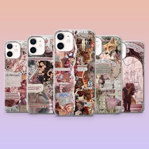 May include: A collection of five phone cases with clear edges, each featuring a unique collage design. The designs incorporate images of people, text, and decorative elements in shades of pink, beige, and brown.