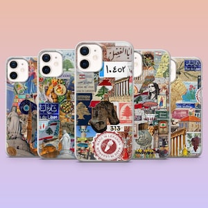 Op de afbeelding: Vijf telefoonhoesjes met kleurrijke collage-ontwerpen met Libanese bezienswaardigheden, eten en tekst. De hoesjes hebben een verscheidenheid aan afbeeldingen, waaronder een standbeeld, een gebouw en de tekst "Made in Lebanon".