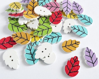 printed wooden buttons, leaves pattern, jewelry making