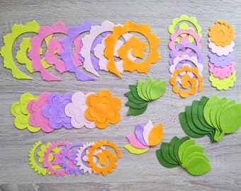 Felt flowers and leaves, rolled flowers in pastel colors, felt flower making