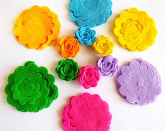 Felt roses in bright colors, felt flower unassembled, flowers for spring and easter themes, small rosettes for crafts