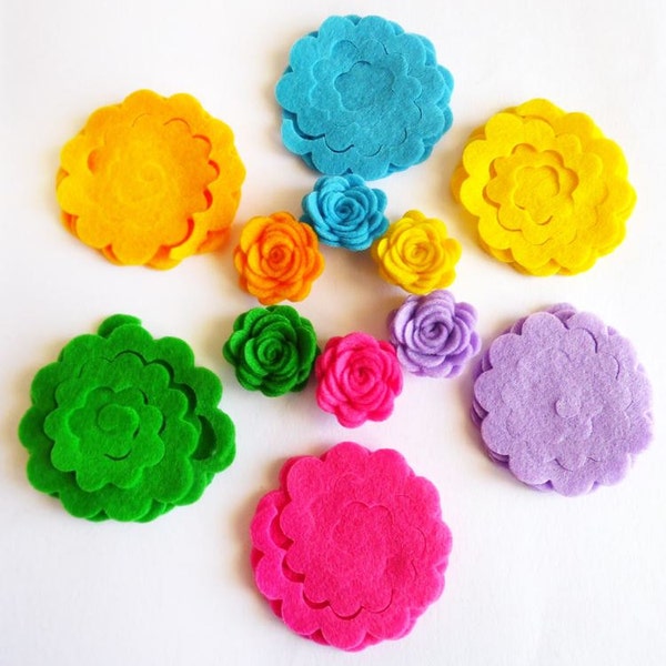 Felt roses in bright colors, felt flower unassembled, flowers for spring and easter themes, small rosettes for crafts