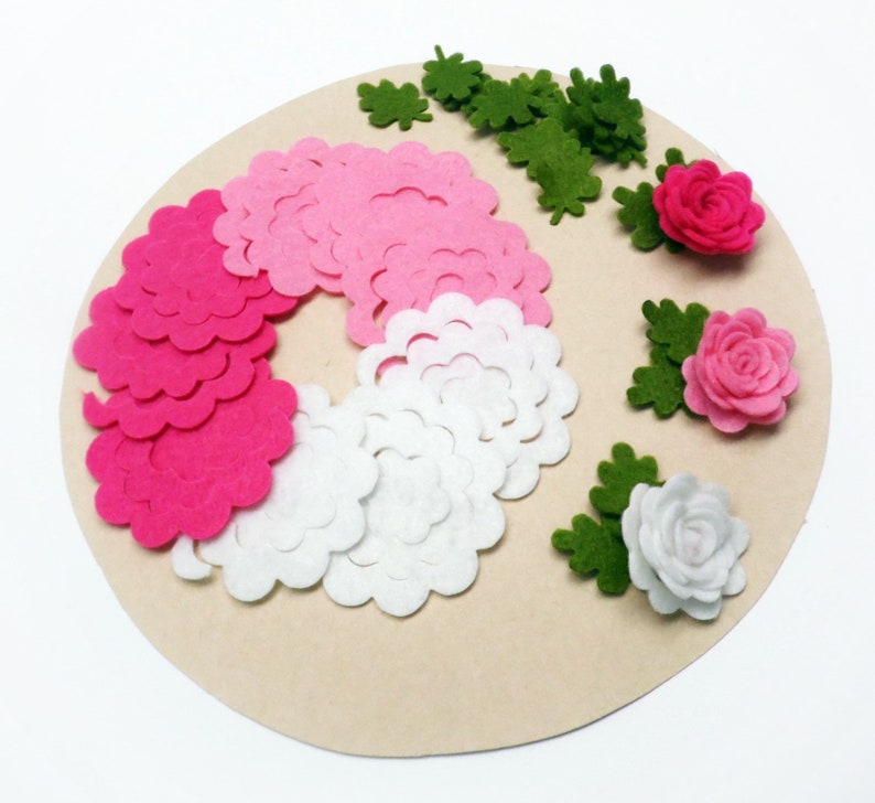 Felt flowers and leaves set, Unassembled rosettes, Die cuts for diy projects, Felt shapes for crafts image 6