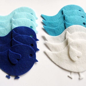 Felt birds, animal shapes, die cut craft embellishment, blue and white birds