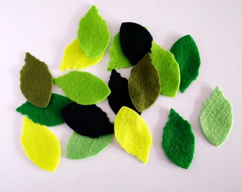 Felt leaves die cut, shapes for sewing in green tones, soft acrylic felt