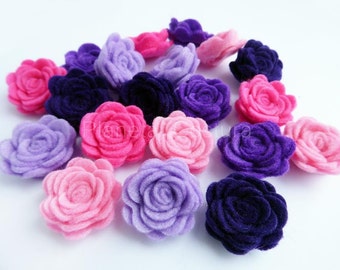 Felt roses in pink and purple, felt embellishments, floral ornaments for hair clips, headbands supplies