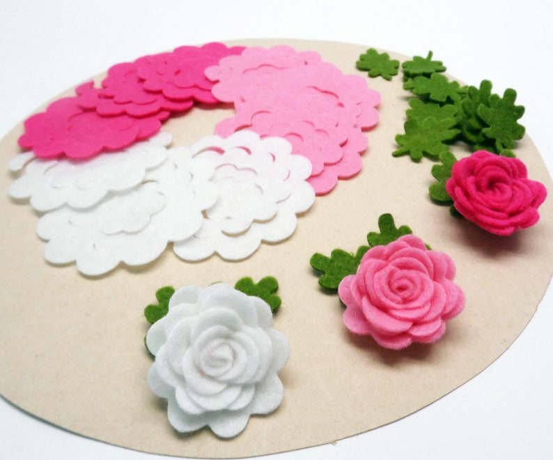 Felt flowers and leaves set, Unassembled rosettes, Die cuts for diy projects, Felt shapes for crafts image 2