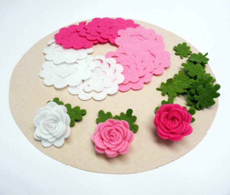 Felt flowers and leaves set, Unassembled rosettes, Die cuts for diy projects, Felt shapes for crafts image 10