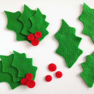 Felt holly leaves, green leaves with red berries, Christmas felt leaf shapes