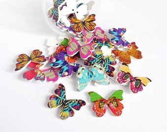 Butterfly wood buttons, painted button for crafts, sewing accessories
