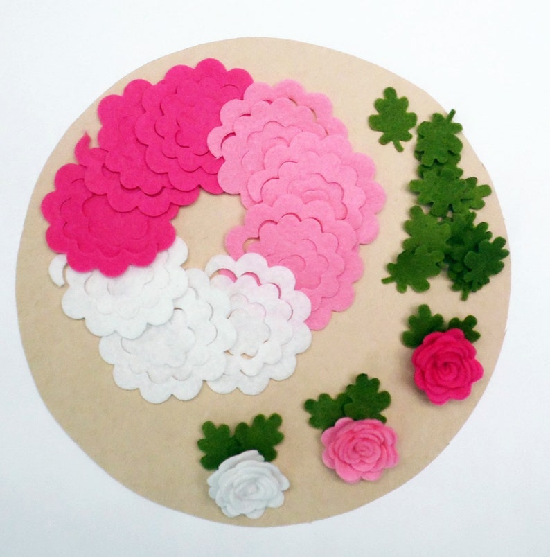 Felt flowers and leaves set, Unassembled rosettes, Die cuts for diy projects, Felt shapes for crafts image 1