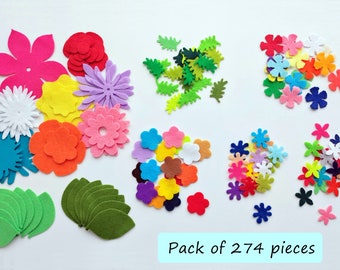 Mixed felt flowers and leaves, 274 multi colors felt shapes, die cuts for scrapbooking, felt supplies for sewing, floral craft embellishment