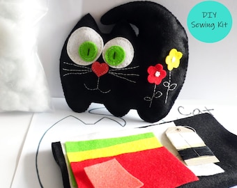 Animal sewing kit, kids crafts projects, felt cat pattern, easy to follow instructions