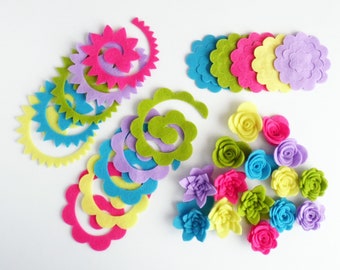 Felt flowers set, bright colors, mixed roll up flowers, felt die cuts