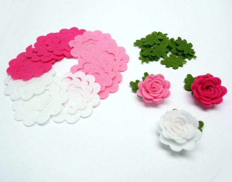 Felt flowers and leaves set, Unassembled rosettes, Die cuts for diy projects, Felt shapes for crafts image 7