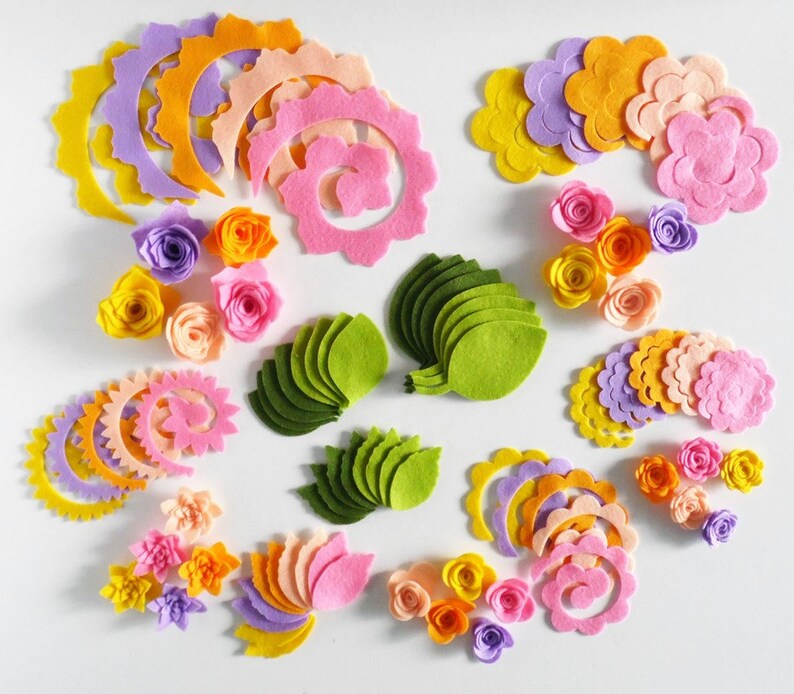 Felt Flowers and Leaves Rolled Flowers in Pastel Colors Felt Etsy