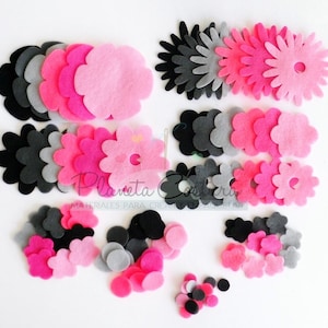 Felt flowers in black and pink, die cuts embellishment, flowers for crafts