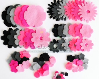 Felt flowers in black and pink, die cuts embellishment, flowers for crafts