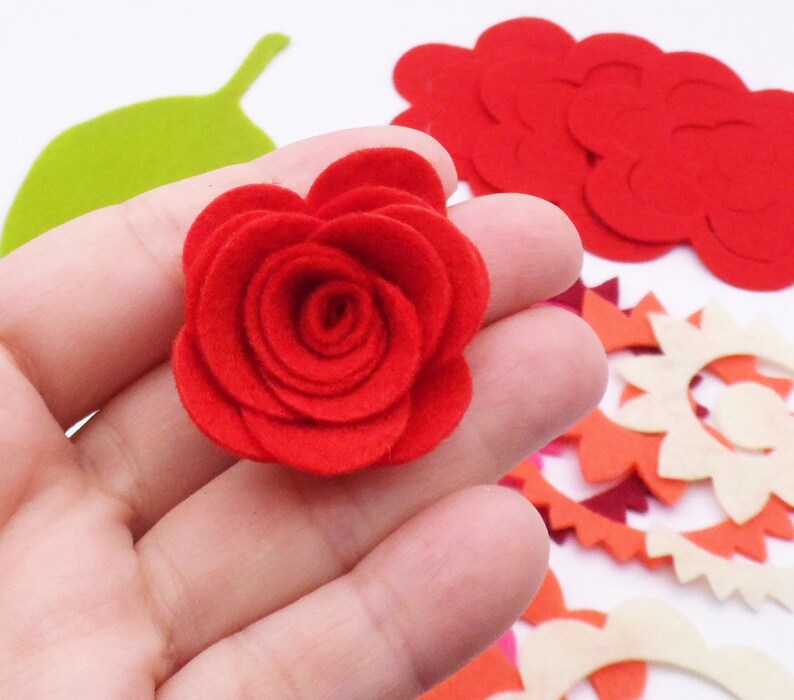 Felt dimensional flowers ,pink and red colors, floral embellishments, felt flower for crafts, valentines decor image 3