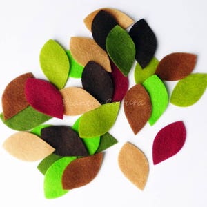 Felt leafs in green and brown for crafts, scrapbooking projects, leaves for table decor