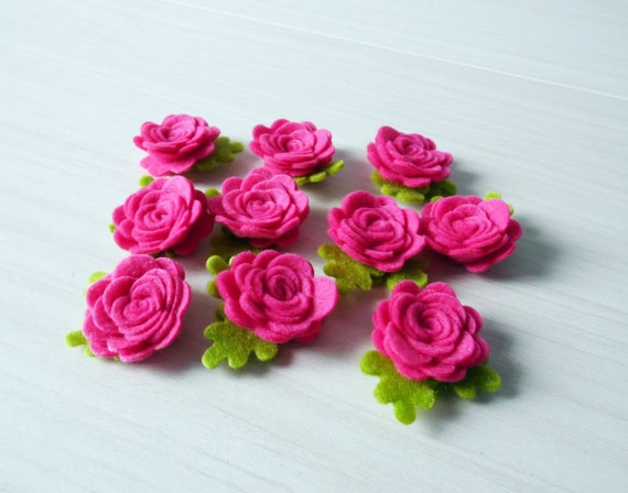 Felt Flowers and Leaves, Pink Felt Flowers, Floral Applique for Crafts,  Embellishment for Headbands 