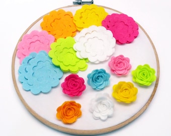 Felt flowers, floral embellishments, small felt roses in bright colors, felt shapes for crafts projects