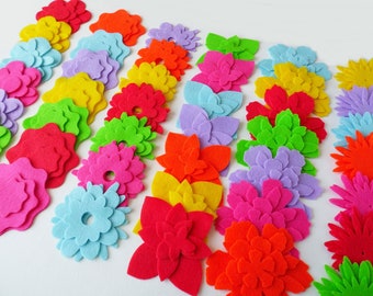 Felt flower in rainbow colors, die cuts for scrapbooking, flowers in bright colors, mixed felt shapes for craft embellishments