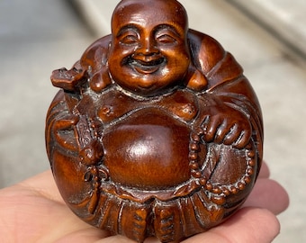 Wood Carved Laughing Buddha Figurine Thunderstruck Jujube Wood Maitreya Handheld Desk Ornament