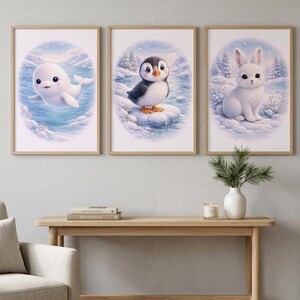 Juego de láminas de animales árticos para habitación infantil: ballena beluga, frailecillo y liebre (descarga digital).