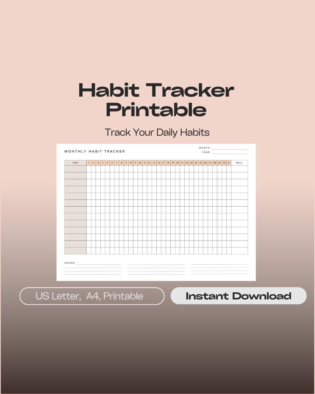 Monthly Habit Tracker Printable | Minimalist Goal Log Sheet (instant ...