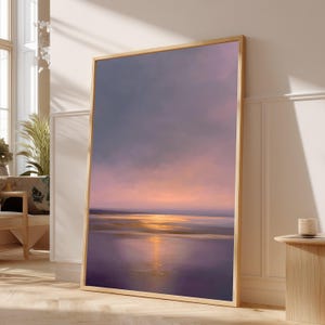 Canvas met serene zonsondergang op het strand, muurdecoratie met zachte pastelkleuren van de lucht, canvas met reflectie van een zonsondergang aan de kust, decoratie met een rustig oceaanlandschap #0743