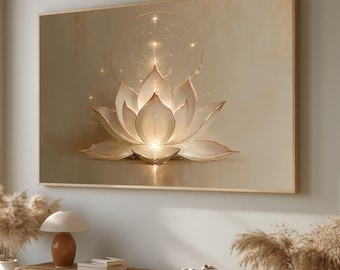 May include: A rectangular wall art print featuring a glowing, multi-layered lotus flower in shades of cream and gold. The flower is centered with thin, luminous circular lines radiating outward, set against a soft, neutral beige background.