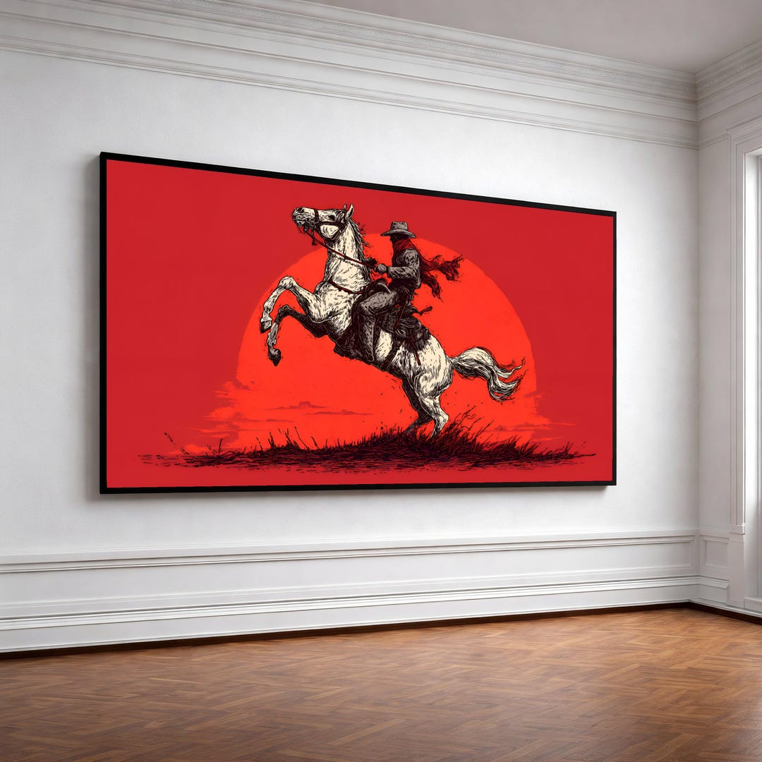 Cowboy on Rearing Horse Canvas, Western Sunset Wall Art, Wild West ...